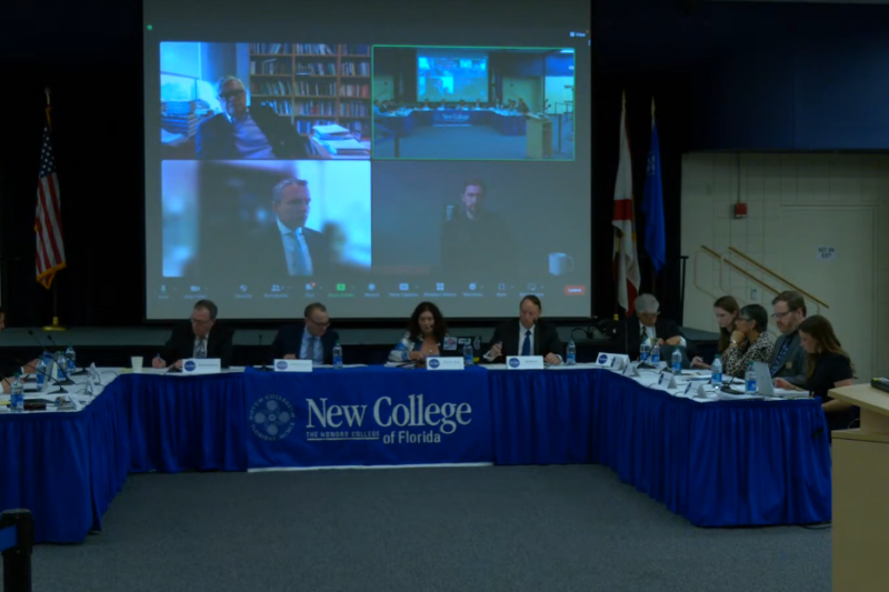 The New College Board of Trustees (BOT), both virtual and in-person during the Feb. 28 meeting. Screenshot taken from the New College of Florida YouTube channel.